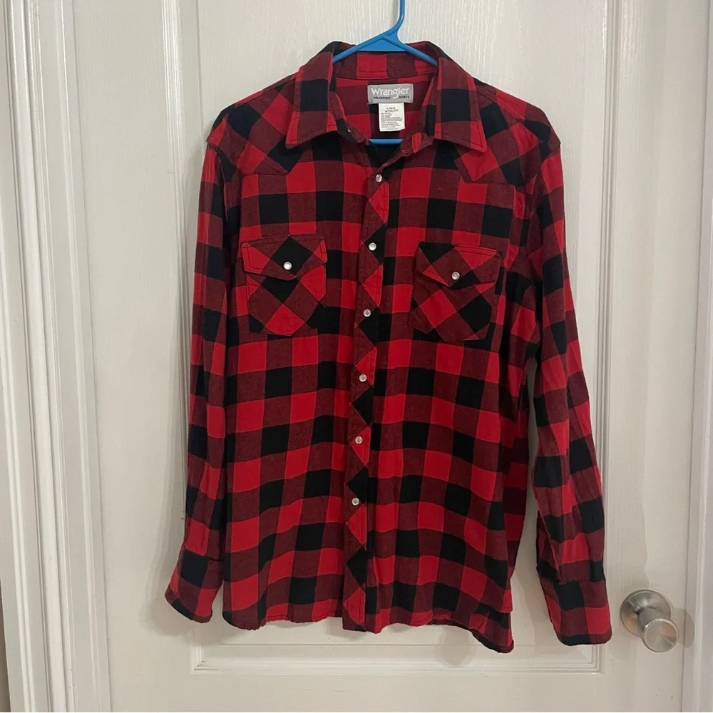 Wrangler Flannel Red & Black Buffalo Plaid Men’s Shirt PEARL SNAP Size L